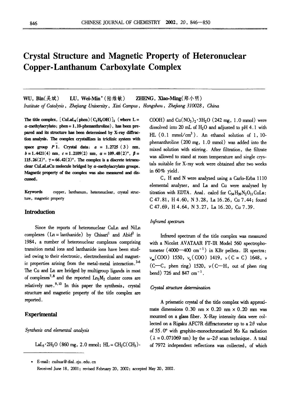 Crystal Structure and Magnetic Property of Heteronuclear CopperLanthanum Carboxylate Complex by Unknown