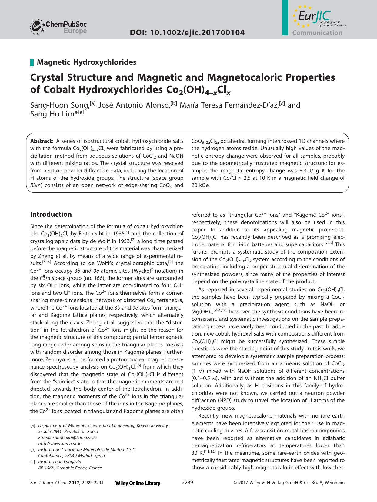 Crystal Structure and Magnetic and Magnetocaloric Properties of Cobalt Hydroxychlorides Co2(OH)4âxClx by Unknown