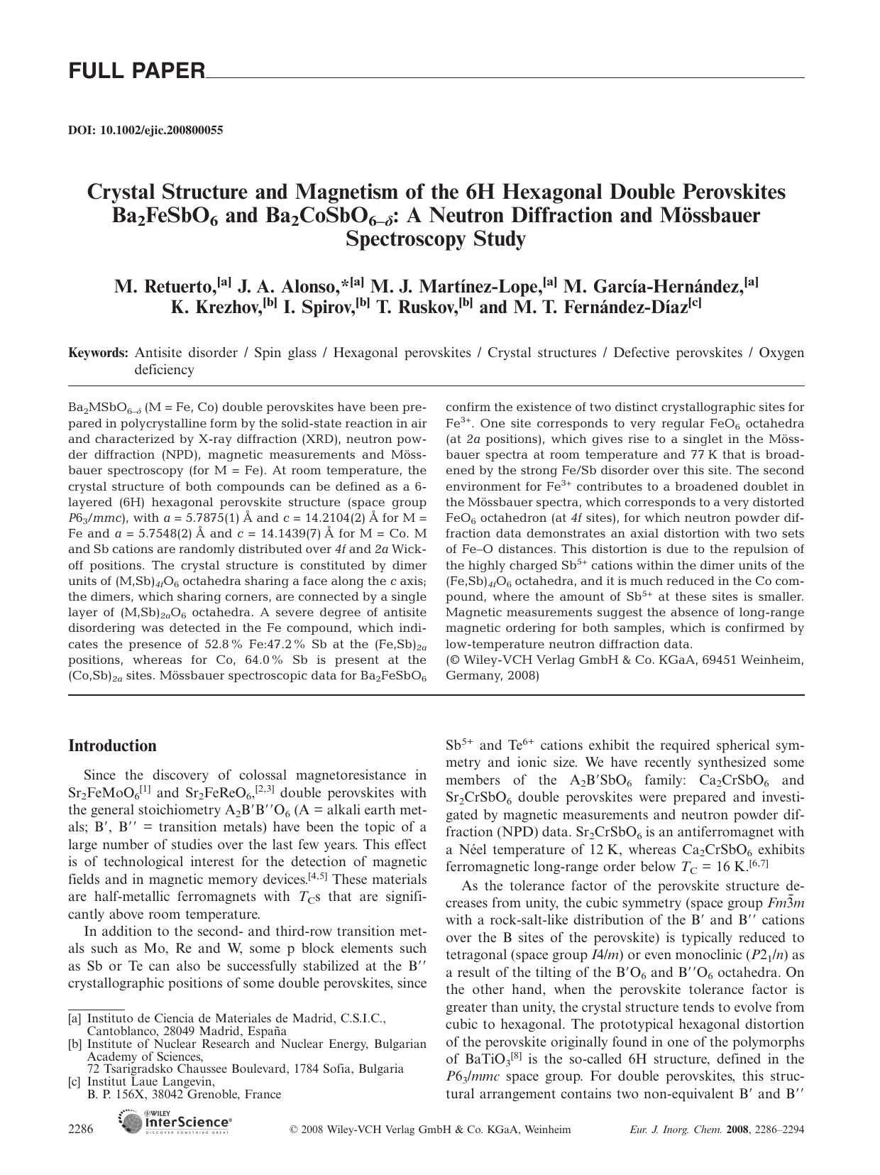 Crystal Structure and Magnetism of the 6H Hexagonal Double Perovskites Ba2FeSbO6 and Ba2CoSbO6-[delta]: A Neutron Diffraction and MÃ¶ssbauer Spectroscopy Study by Unknown