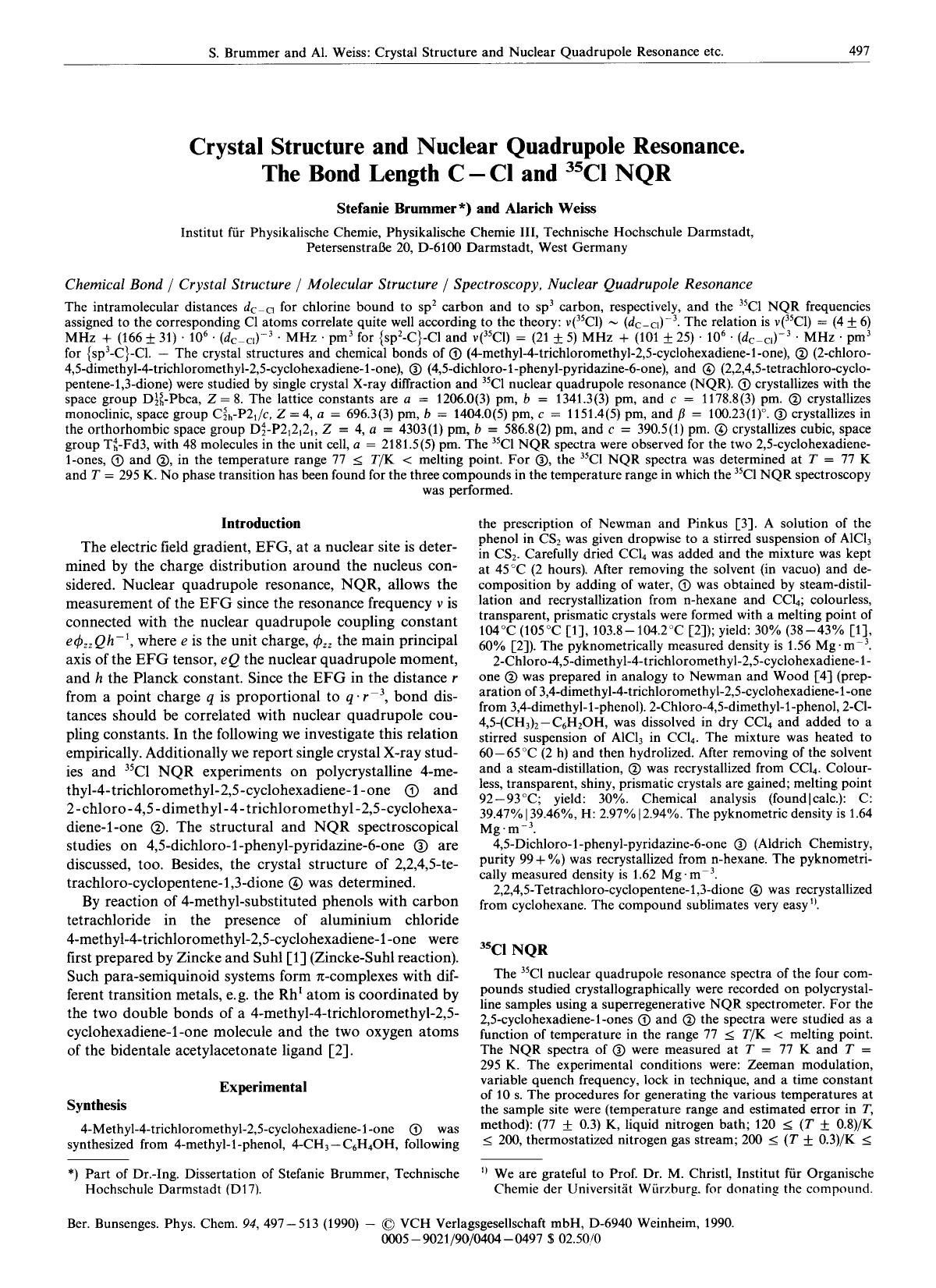 Crystal Structure and Nuclear Quadrupole Resonance. The Bond Length C - Cl and 35Cl NQR by Unknown