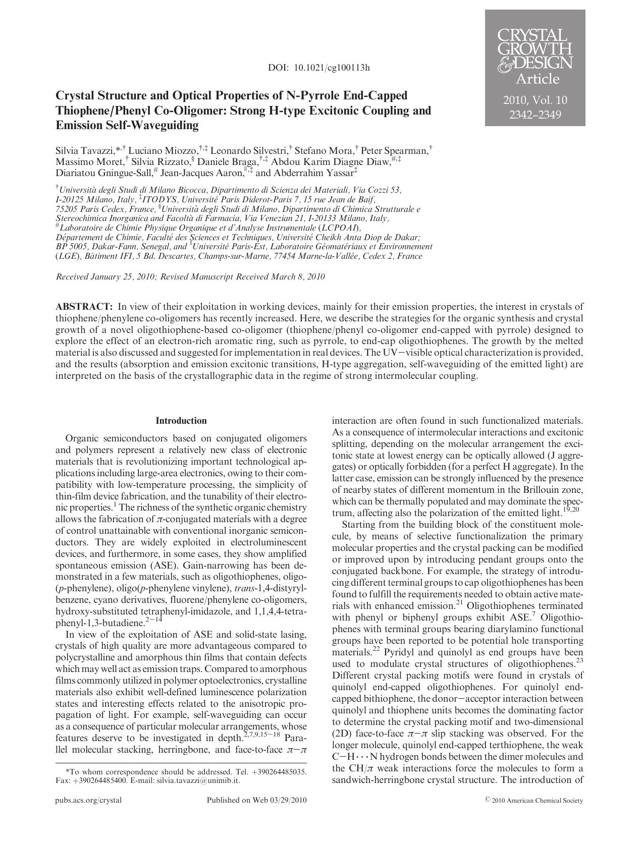 Crystal Structure and Optical Properties of N-Pyrrole End-Capped ThiophenePhenyl Co-Oligomer: Strong H-type Excitonic Coupling and Emission Self-Waveguiding by Unknown