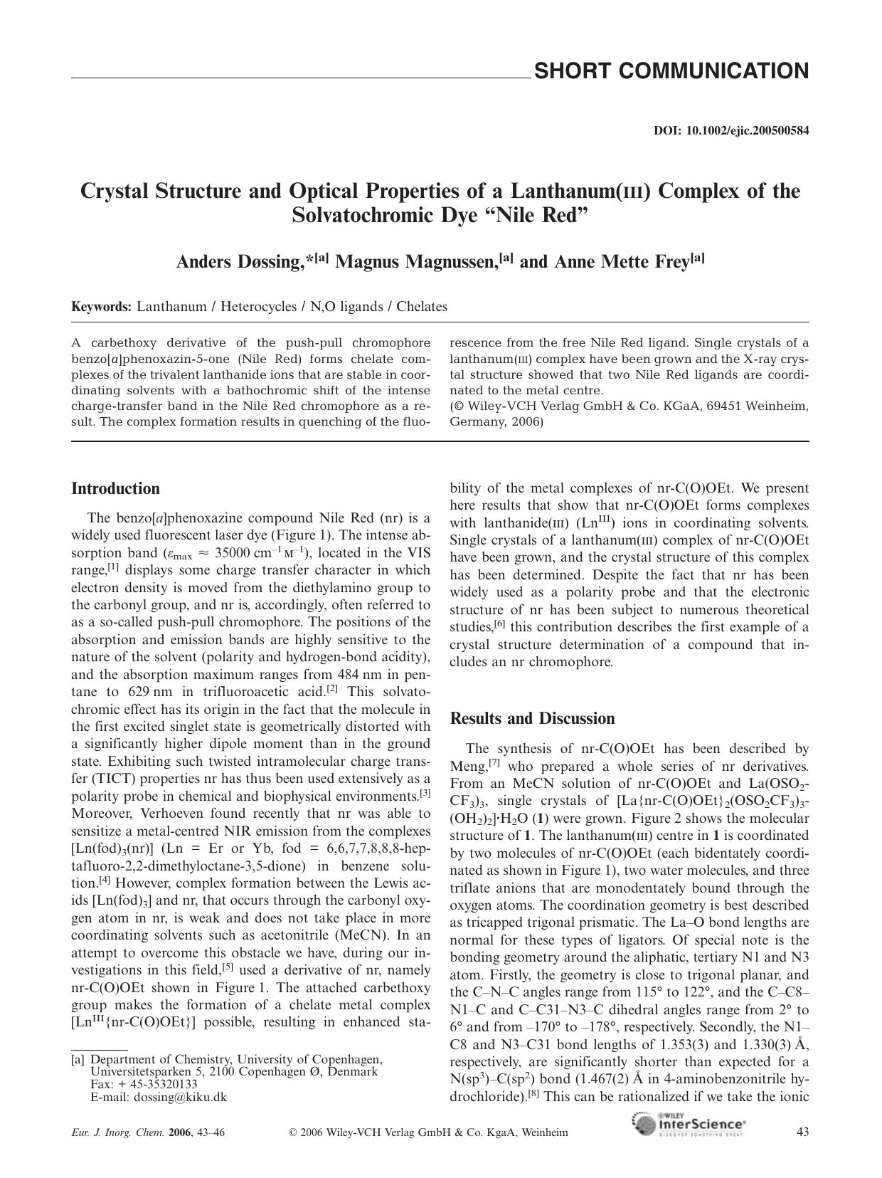 Crystal Structure and Optical Properties of a Lanthanum(III) Complex of the Solvatochromic Dye "Nile Red by Unknown