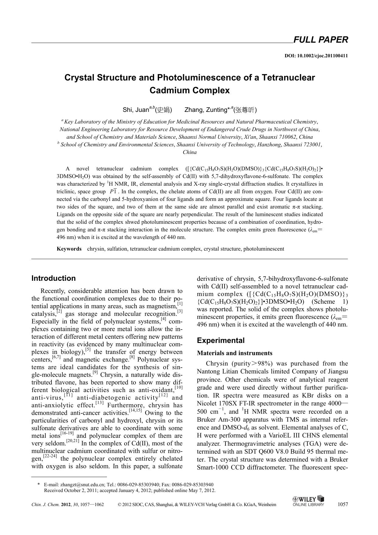 Crystal Structure and Photoluminescence of a Tetranuclear Cadmium Complex by uy