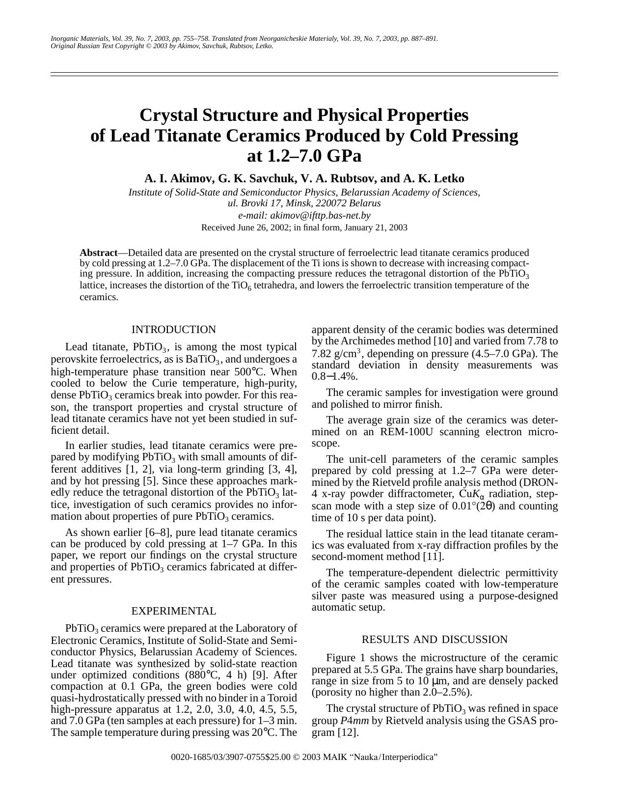 Crystal Structure and Physical Properties of Lead Titanate Ceramics Produced by Cold Pressing at 1.2–7.0 GPa by Unknown