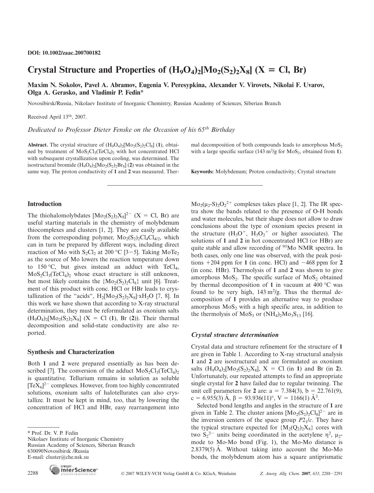Crystal Structure and Properties of (H9O4)2[Mo2(S2)2X8] (X = Cl, Br) by Unknown