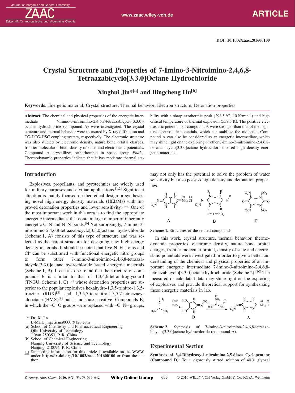 Crystal Structure and Properties of 7Imino3Nitroimino2,4,6,8Tetraazabicyclo[3.3.0]Octane Hydrochloride by Unknown