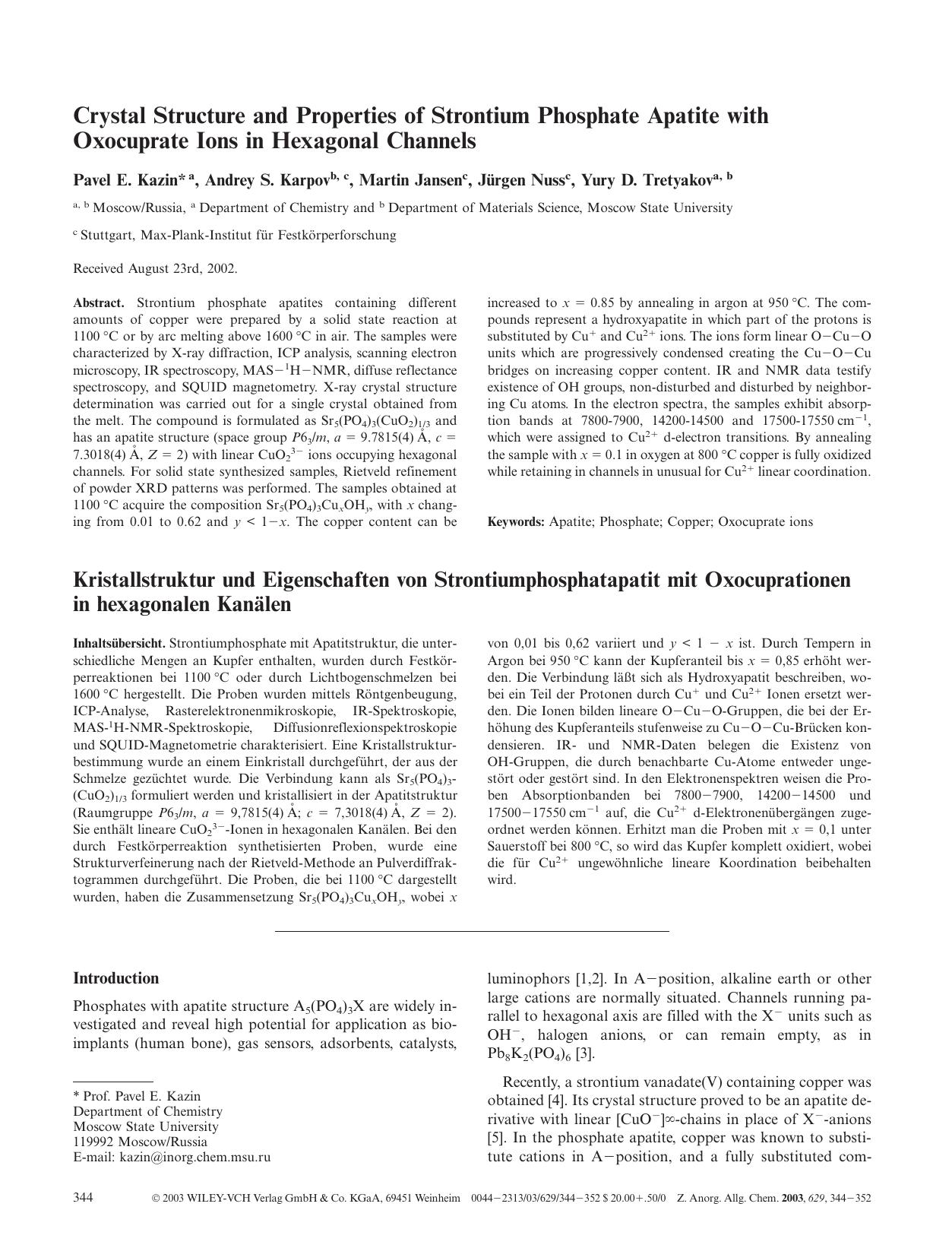 Crystal Structure and Properties of Strontium Phosphate Apatite with Oxocuprate Ions in Hexagonal Channels by Unknown