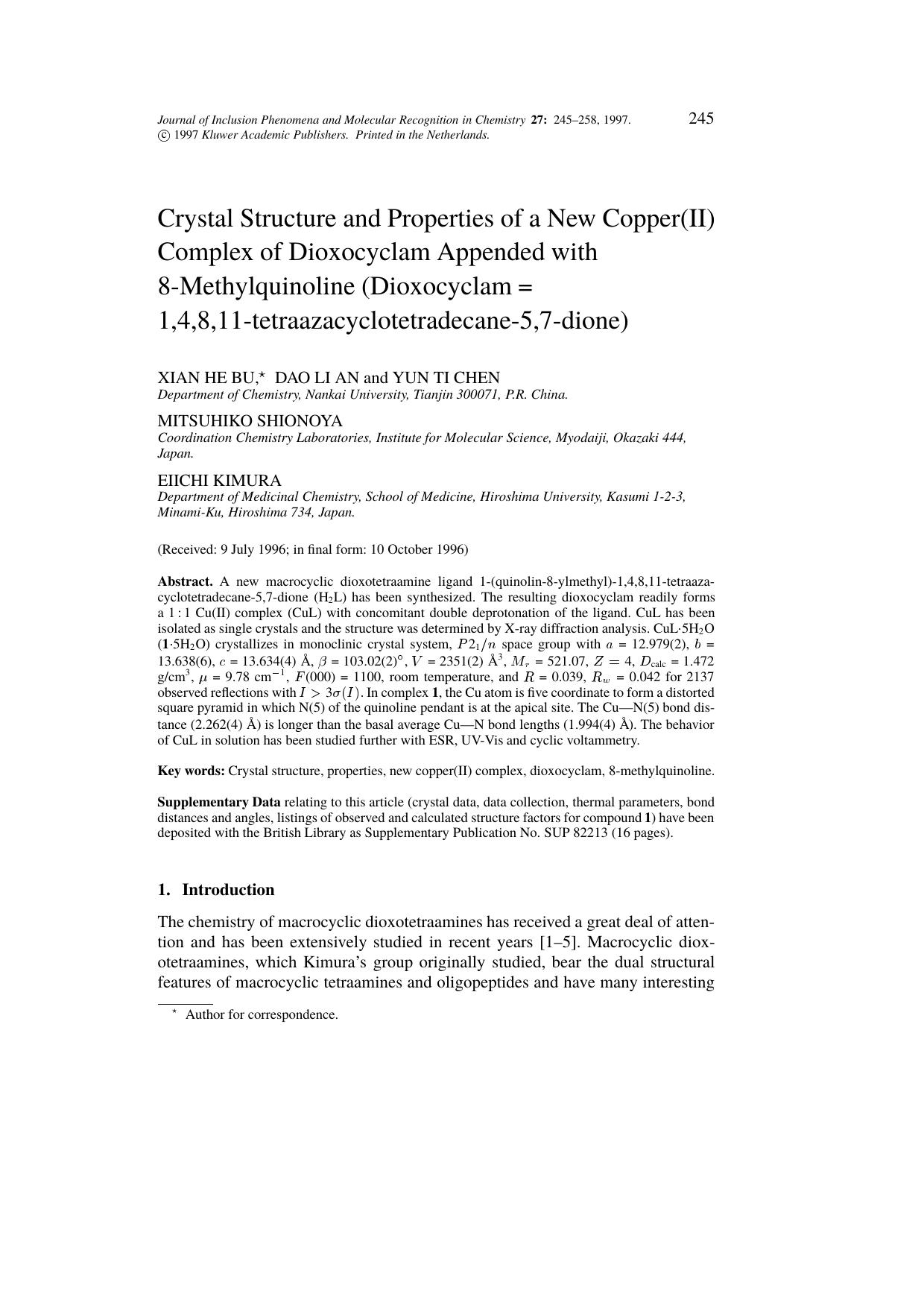 Crystal Structure and Properties of a New Copper(II) Complex of Dioxocyclam Appended with 8-Methylquinoline (Dioxocyclam = 1,4,8,11-tetraazacyclotetradecane-5,7-dione) by Unknown