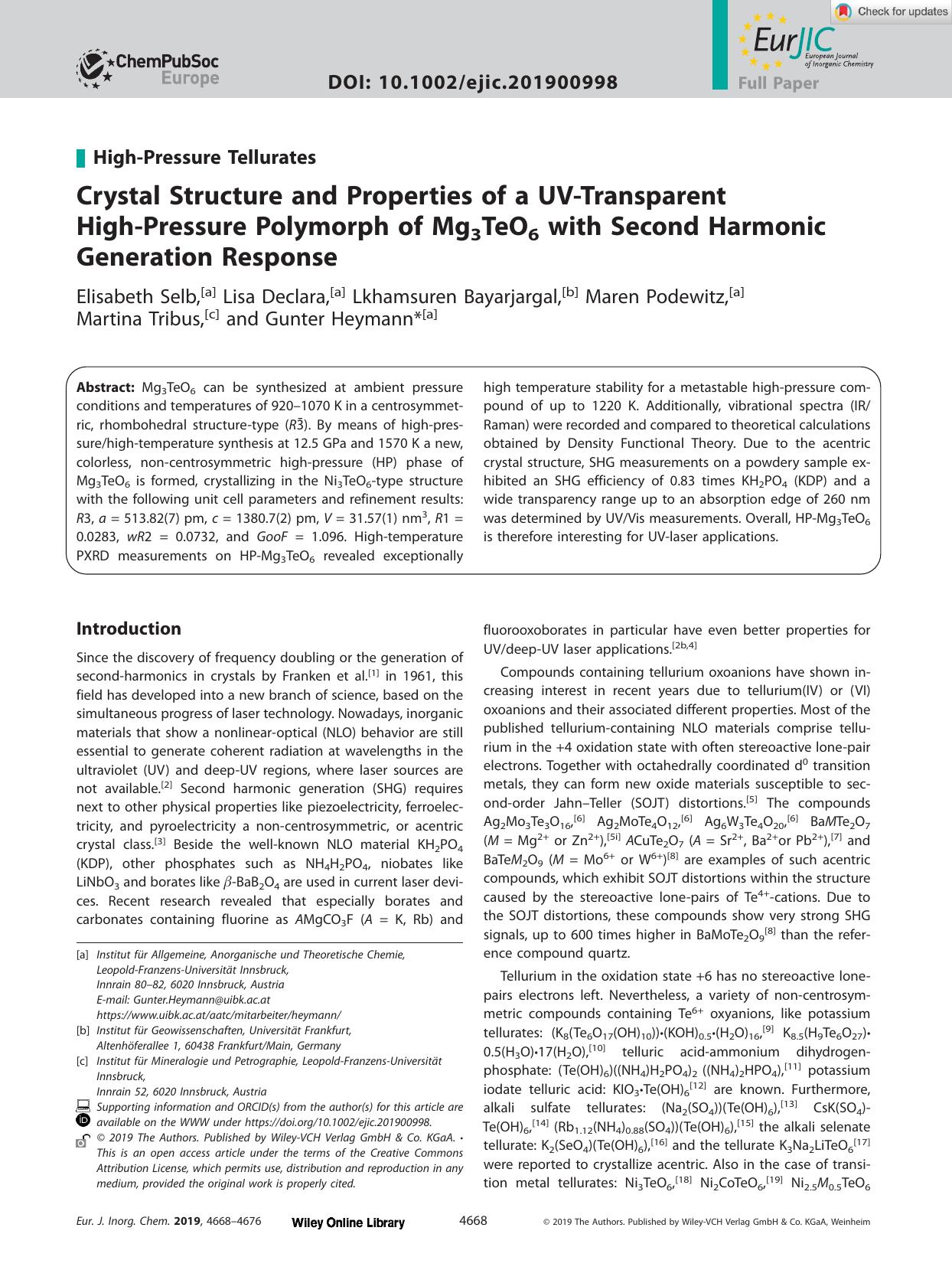 Crystal Structure and Properties of a UVâTransparent HighâPressure Polymorph of Mg3TeO6 with Second Harmonic Generation Response by Unknown