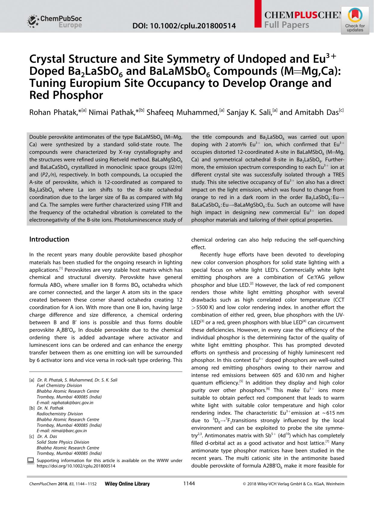 Crystal Structure and Site Symmetry of Undoped and Eu3+ Doped Ba2LaSbO6 and BaLaMSbO6 Compounds (M=Mg,Ca): Tuning Europium Site Occupancy to Develop Orange and Red Phosphor by Unknown