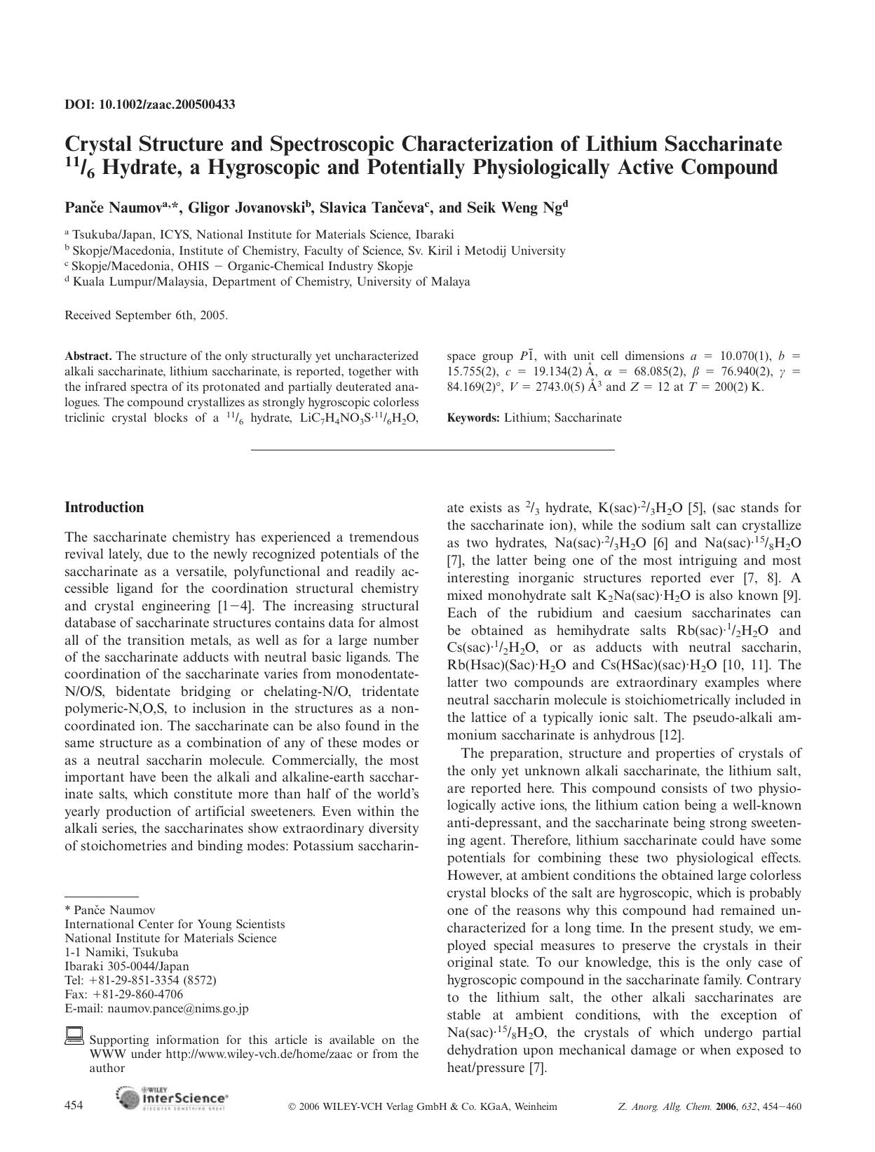 Crystal Structure and Spectroscopic Characterization of Lithium Saccharinate 116 Hydrate, a Hygroscopic and Potentially Physiologically Active Compound by Unknown