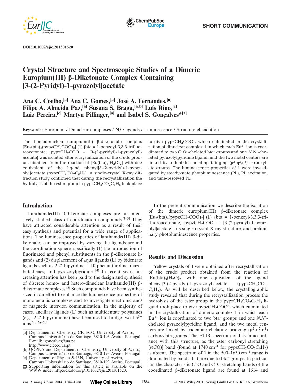 Crystal Structure and Spectroscopic Studies of a Dimeric Europium(III) Diketonate Complex Containing [3(2Pyridyl)1pyrazolyl]acetate by Unknown