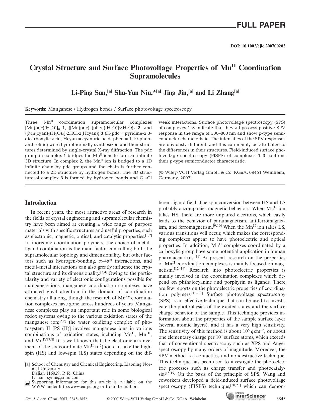 Crystal Structure and Surface Photovoltage Properties of MnII Coordination Supramolecules by Unknown
