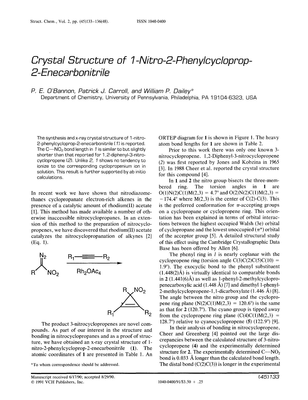 Crystal Structure of 1-nitro-2-phenylcycloprop-2-enecarbonitrile by Unknown