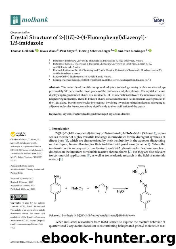 Crystal Structure of 2-[(1E)-2-(4-Fluorophenyl)diazenyl]-1H-imidazole by Thomas Gelbrich Klaus Wurst Paul Mayer Herwig Schottenberger & Sven Nerdinger