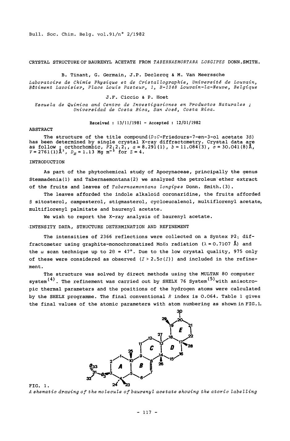 Crystal Structure of Baurenyl Acetate from Tabernaemontana Longipes Donn. Smith by Unknown