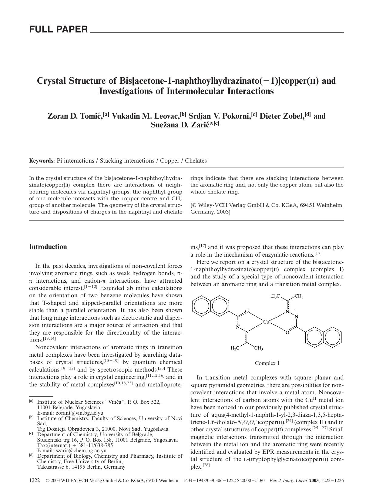 Crystal Structure of Bis[acetone-1-naphthoylhydrazinato(-1)]copper(II) and Investigations of Intermolecular Interactions by Unknown