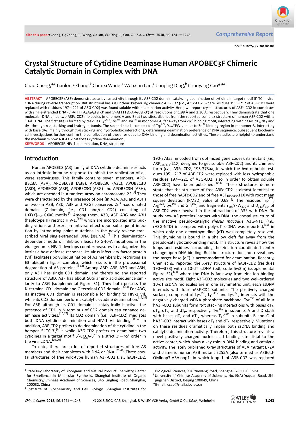 Crystal Structure of Cytidine Deaminase Human APOBEC3F Chimeric Catalytic Domain in Complex with DNA by Unknown
