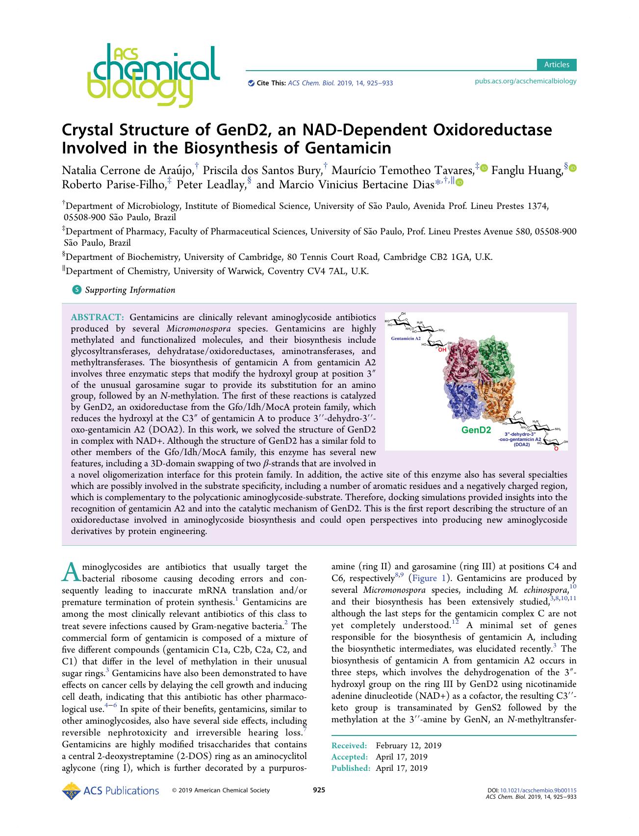 Crystal Structure of GenD2, an NAD-Dependent Oxidoreductase Involved in the Biosynthesis of Gentamicin by unknow
