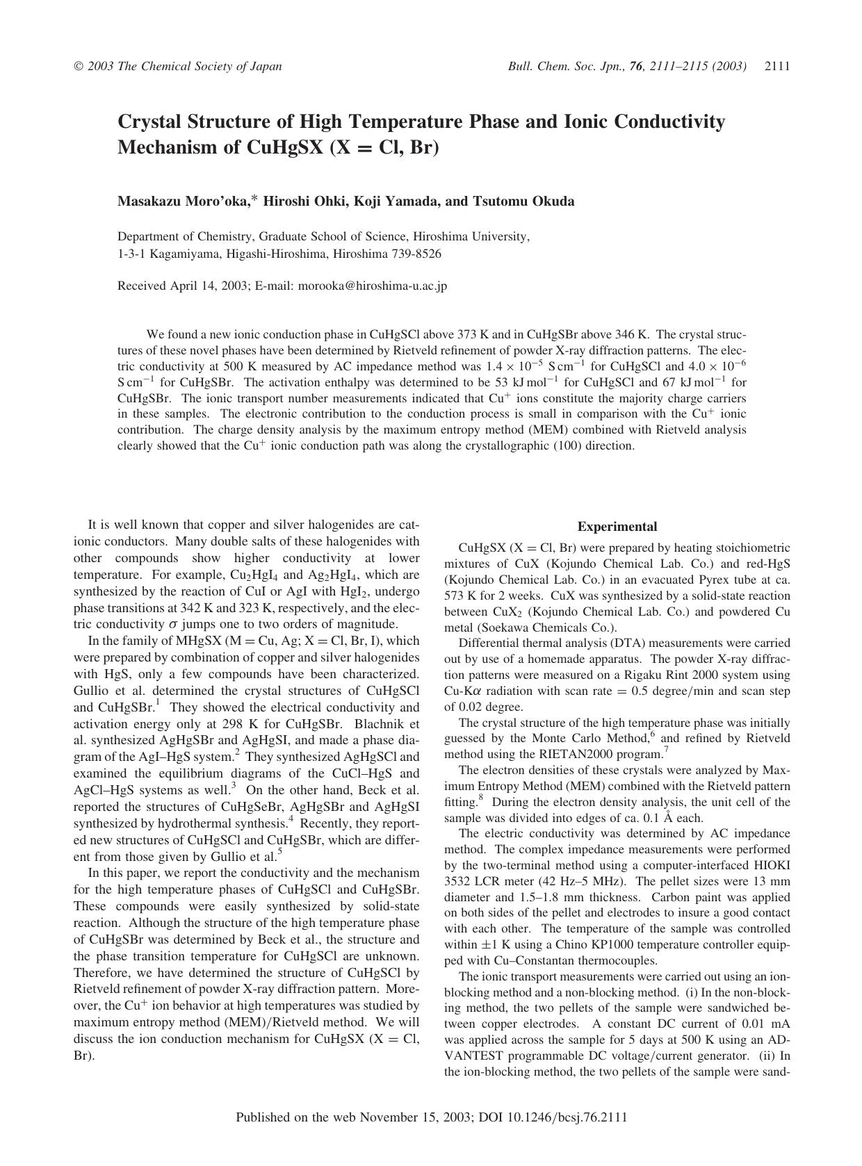 Crystal Structure of High Temperature Phase and Ionic Conductivity Mechanism of CuHgSX (X = Cl, Br) by Masakazu Moro'oka Hiroshi Ohki Koji Yamada & Tsutomu Okuda