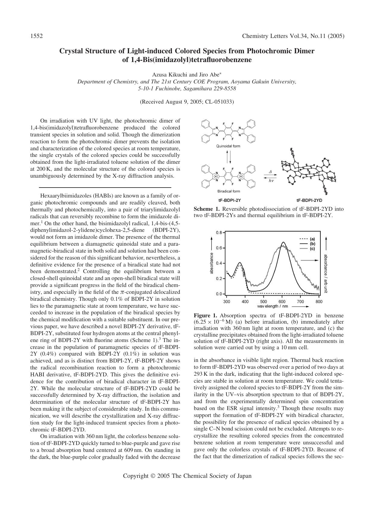 Crystal Structure of Light-induced Colored Species from Photochromic Dimer of 1,4-Bis(imidazolyl)tetrafluorobenzene by Azusa Kikuchi and Jiro Abe