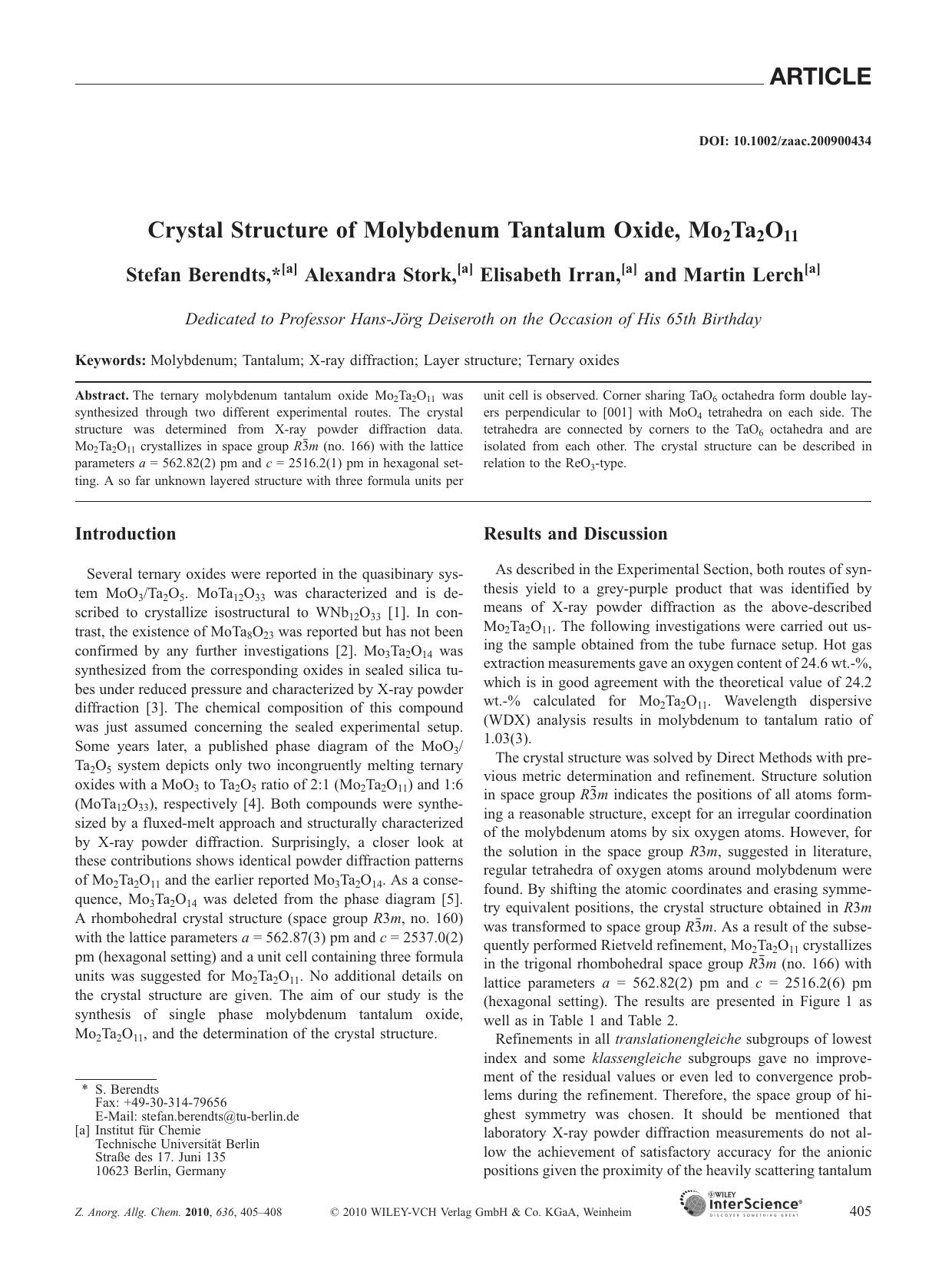 Crystal Structure of Molybdenum Tantalum Oxide, Mo2Ta2O11â¬ by Unknown