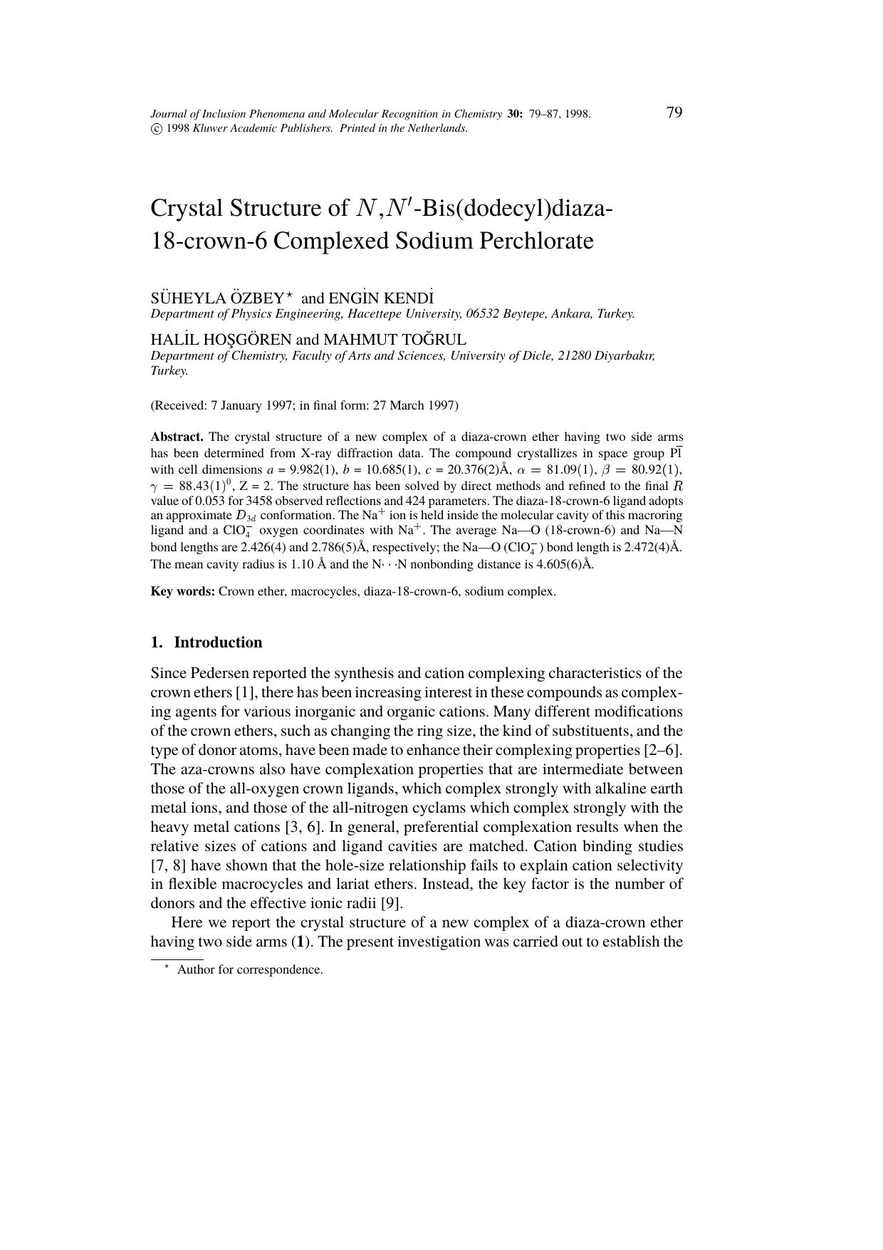 Crystal Structure of N,N'-Bis(dodecyl)diaza- 18-crown-6 Complexed Sodium Perchlorate by Unknown