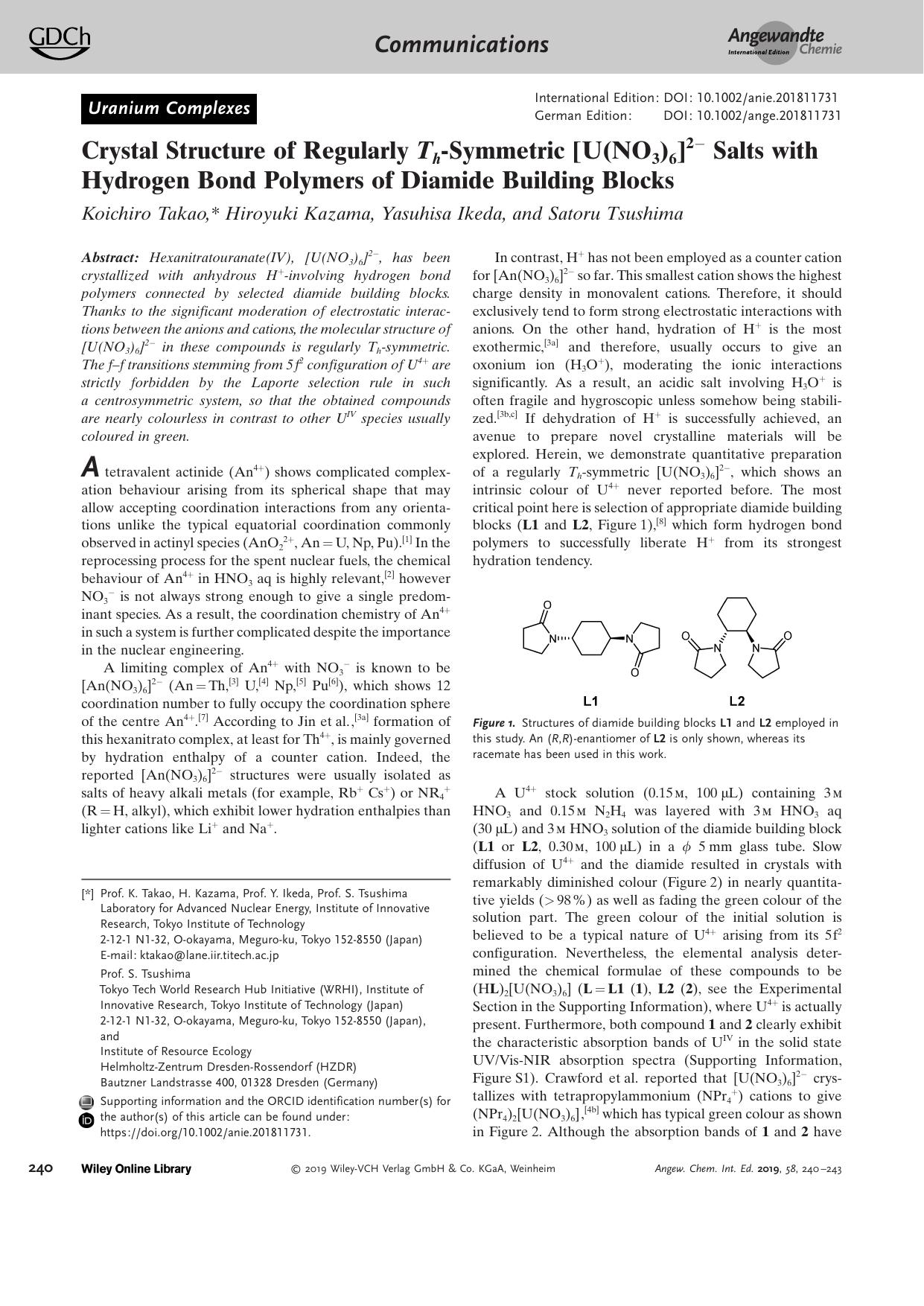 Crystal Structure of Regularly ThâSymmetric [U(NO3)6]2â Salts with Hydrogen Bond Polymers of Diamide Building Blocks by Unknown