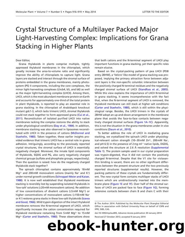 Crystal Structure of a Multilayer Packed Major Light-Harvesting Complex: Implications for Grana Stacking in Higher Plants by Wan Tao & Li Mei & Zhao Xuelin & Zhang Jiping & Liu Zhenfeng & Chang Wenrui
