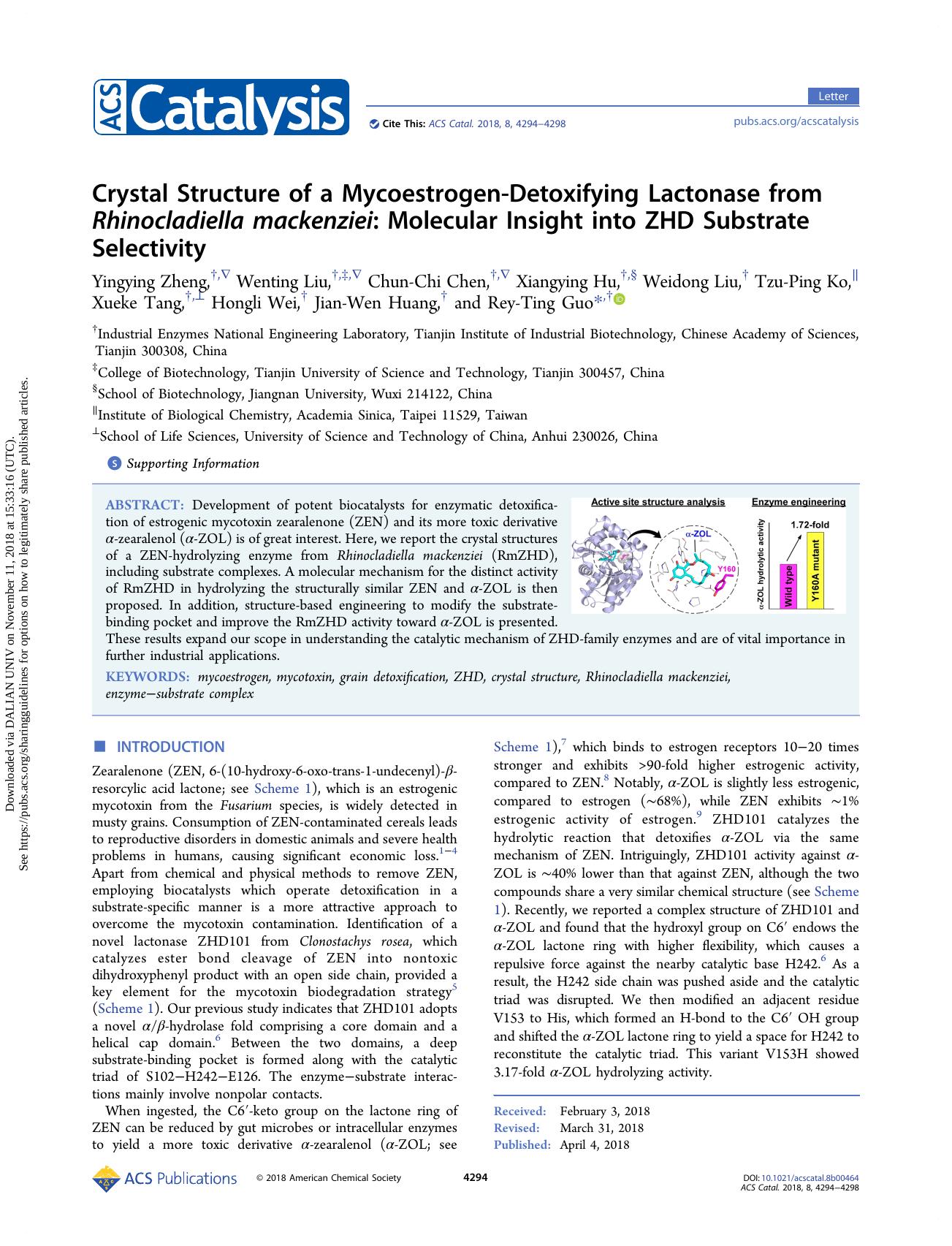 Crystal Structure of a Mycoestrogen-Detoxifying Lactonase from Rhinocladiella mackenziei: Molecular Insight into ZHD Substrate Selectivity by unknow
