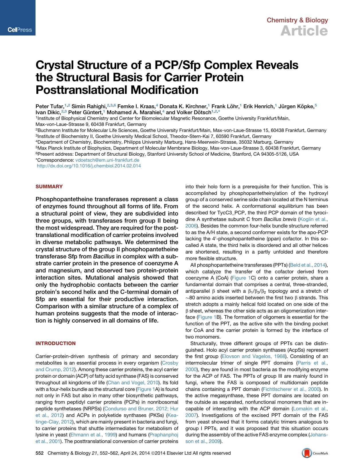 Crystal Structure of a PCPSfp Complex Reveals the Structural Basis for Carrier Protein Posttranslational Modification by unknow