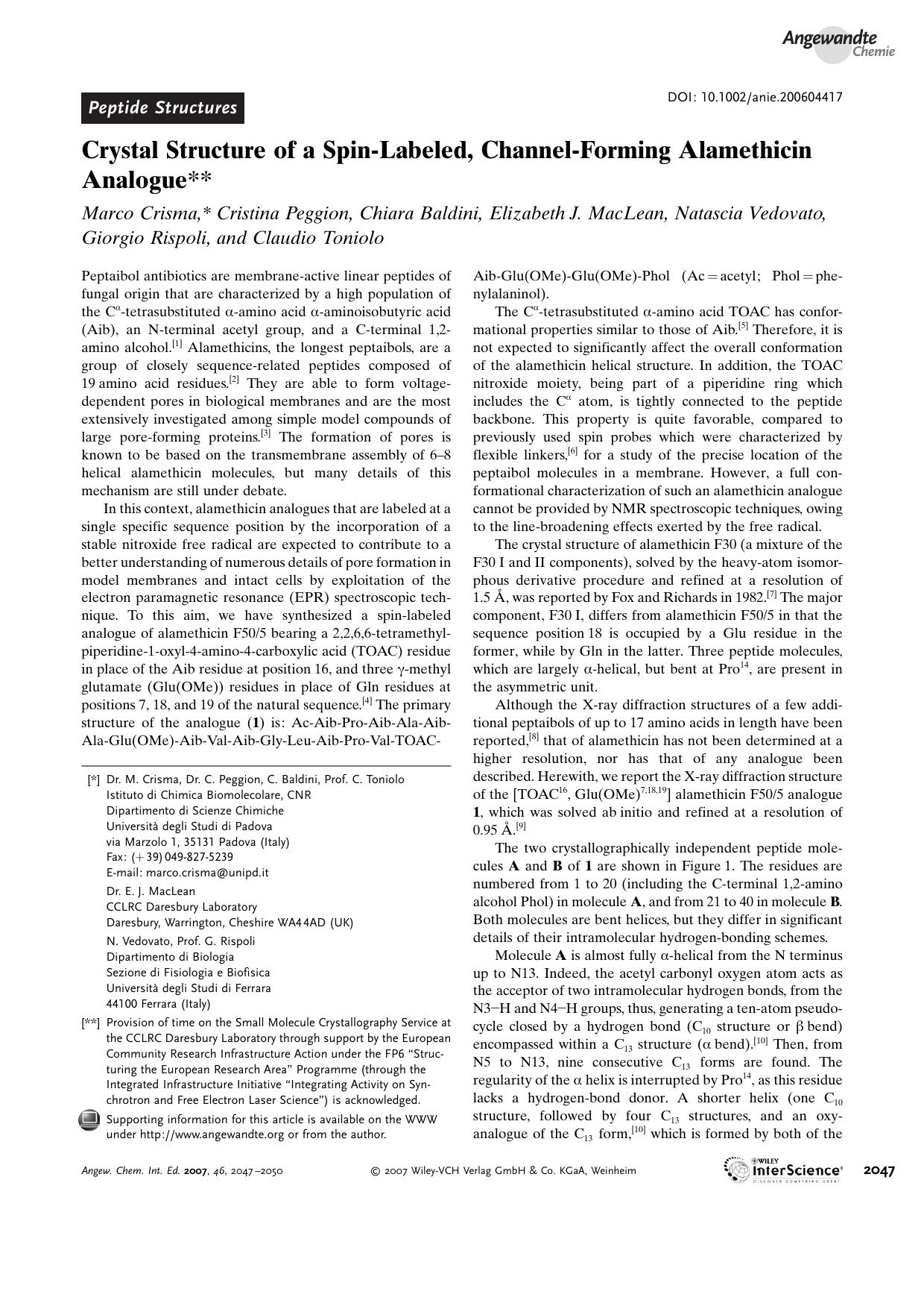 Crystal Structure of a Spin-Labeled, Channel-Forming Alamethicin Analogue by Unknown