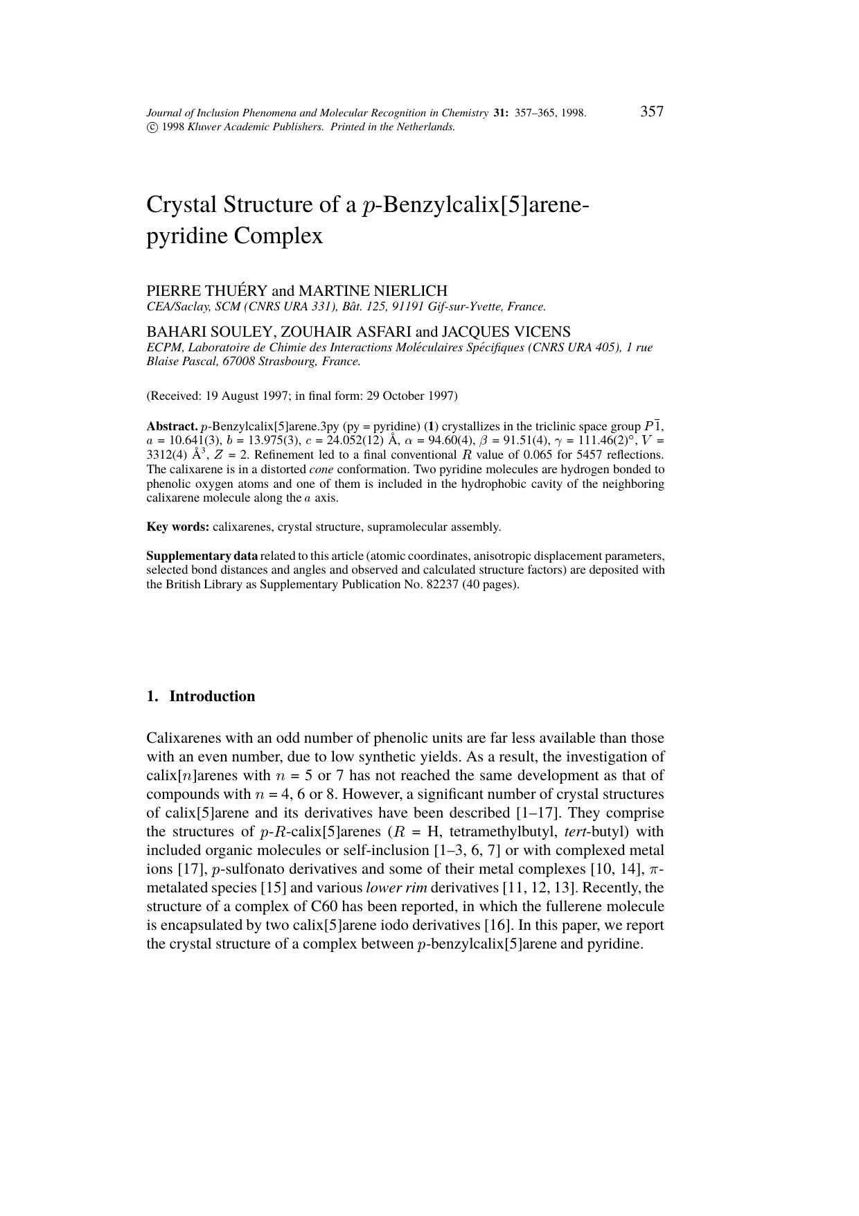 Crystal Structure of a p-Benzylcalix[5]arene- pyridine Complex by Unknown