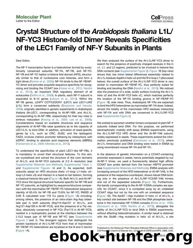 Crystal Structure of the Arabidopsis thaliana L1LNF-YC3 Histone-fold Dimer Reveals Specificities of the LEC1 Family of NF-Y Subunits in Plants by Nerina Gnesutta & Dana Saad & Antonio Chaves-Sanjuan & Roberto Mantovani & Marco Nardini