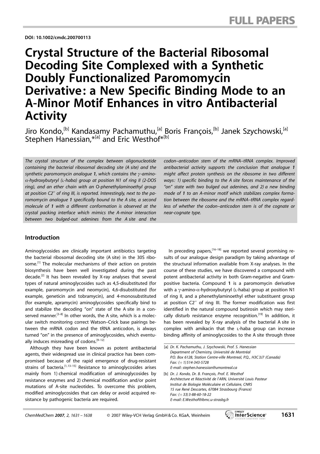 Crystal Structure of the Bacterial Ribosomal Decoding Site Complexed with a Synthetic Doubly Functionalized Paromomycin Derivative: a New Specific Binding Mode to an A-Minor Motif by Unknown