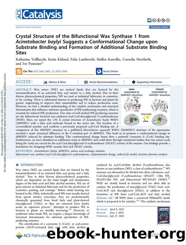 Crystal Structure of the Bifunctional Wax Synthase 1 from Acinetobacter baylyi Suggests a Conformational Change upon Substrate Binding and Formation of Additional Substrate Binding Sites by unknow