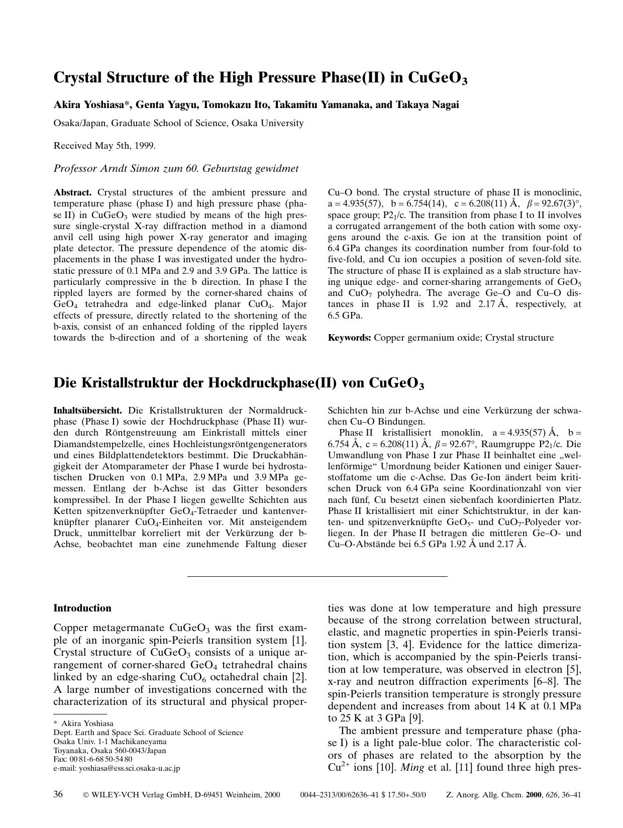 Crystal Structure of the High Pressure Phase(II) in CuGeO3 by Unknown