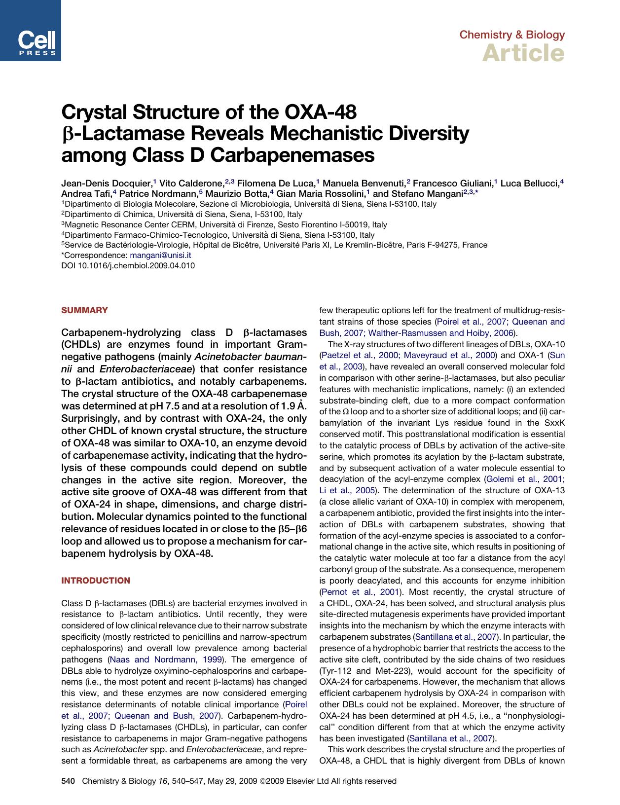 Crystal Structure of the OXA-48 &beta;-Lactamase Reveals Mechanistic Diversity among Class D Carbapenemases by unknow