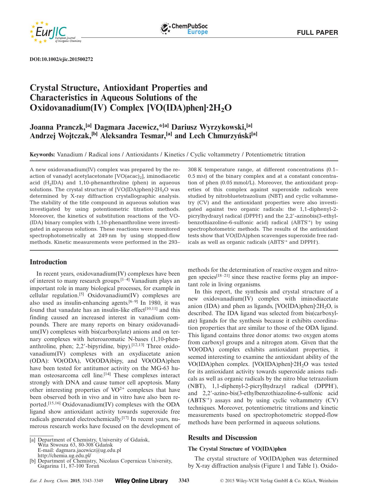 Crystal Structure, Antioxidant Properties and Characteristics in Aqueous Solutions of the Oxidovanadium(IV) Complex [VO(IDA)phen]2H2O by Unknown