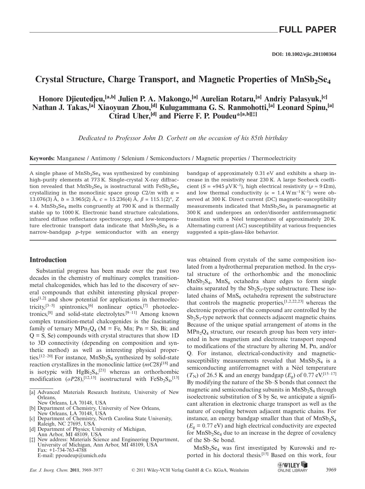 Crystal Structure, Charge Transport, and Magnetic Properties of MnSb2Se4 by Unknown