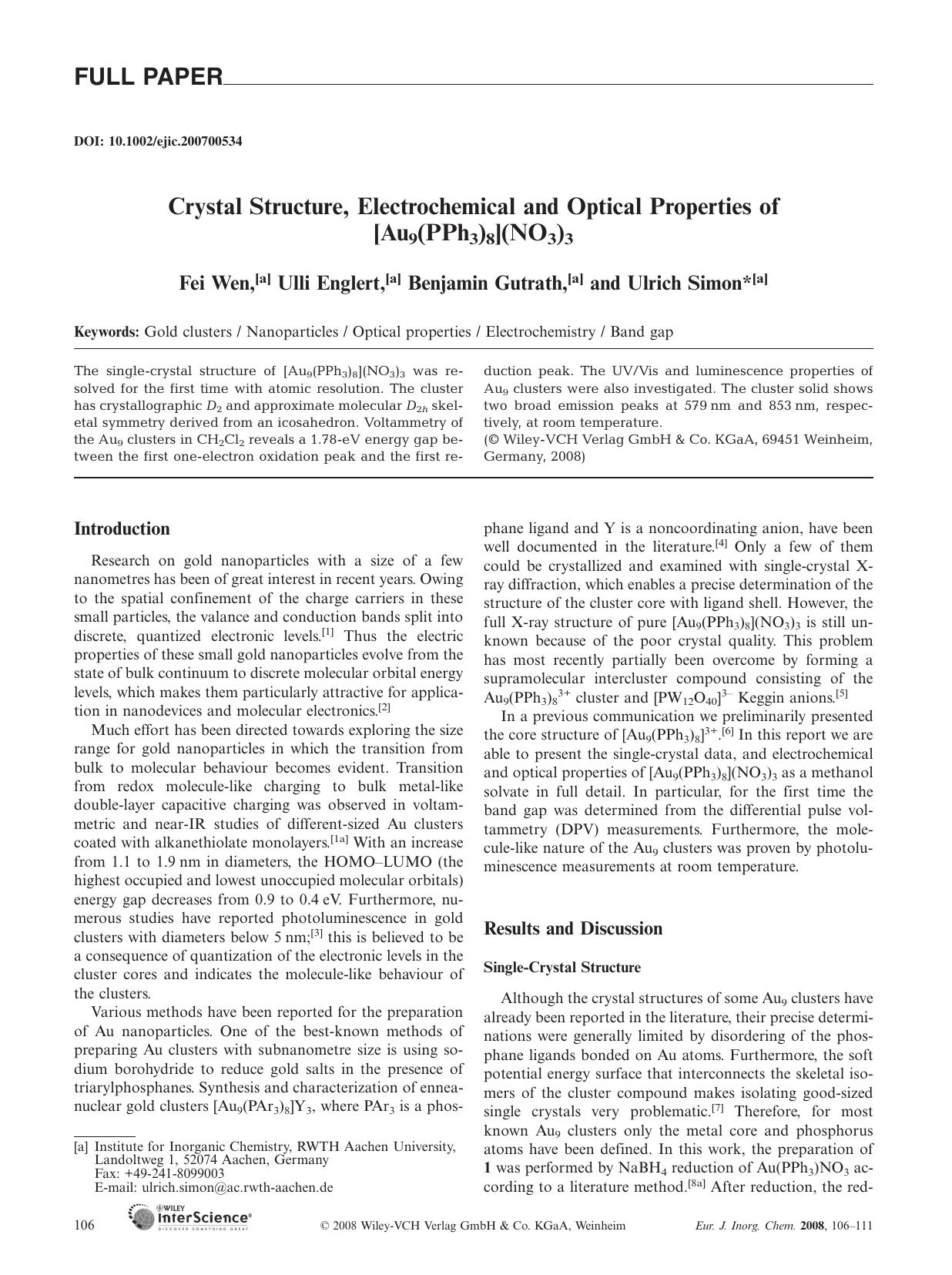 Crystal Structure, Electrochemical and Optical Properties of [Au9(PPh3)8](NO3)3 by Unknown