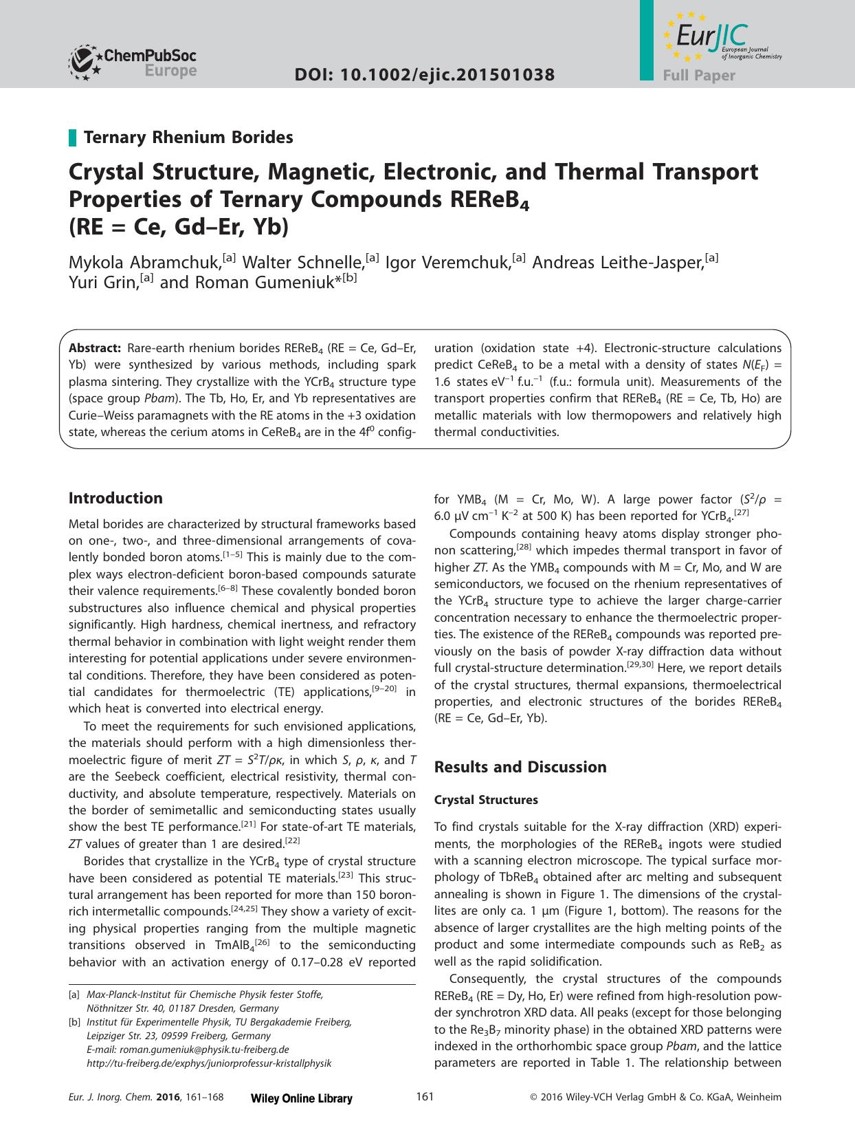 Crystal Structure, Magnetic, Electronic, and Thermal Transport Properties of Ternary Compounds REReB4 (RE = Ce, GdEr, Yb) by Unknown