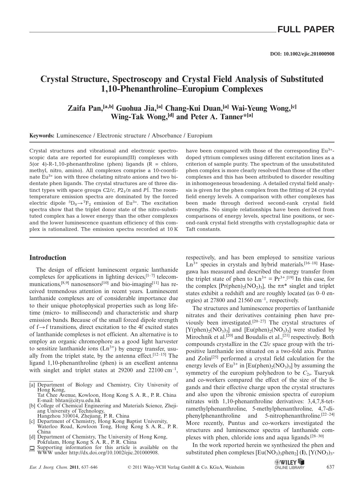 Crystal Structure, Spectroscopy and Crystal Field Analysis of Substituted 1,10PhenanthrolineEuropium Complexes by Unknown