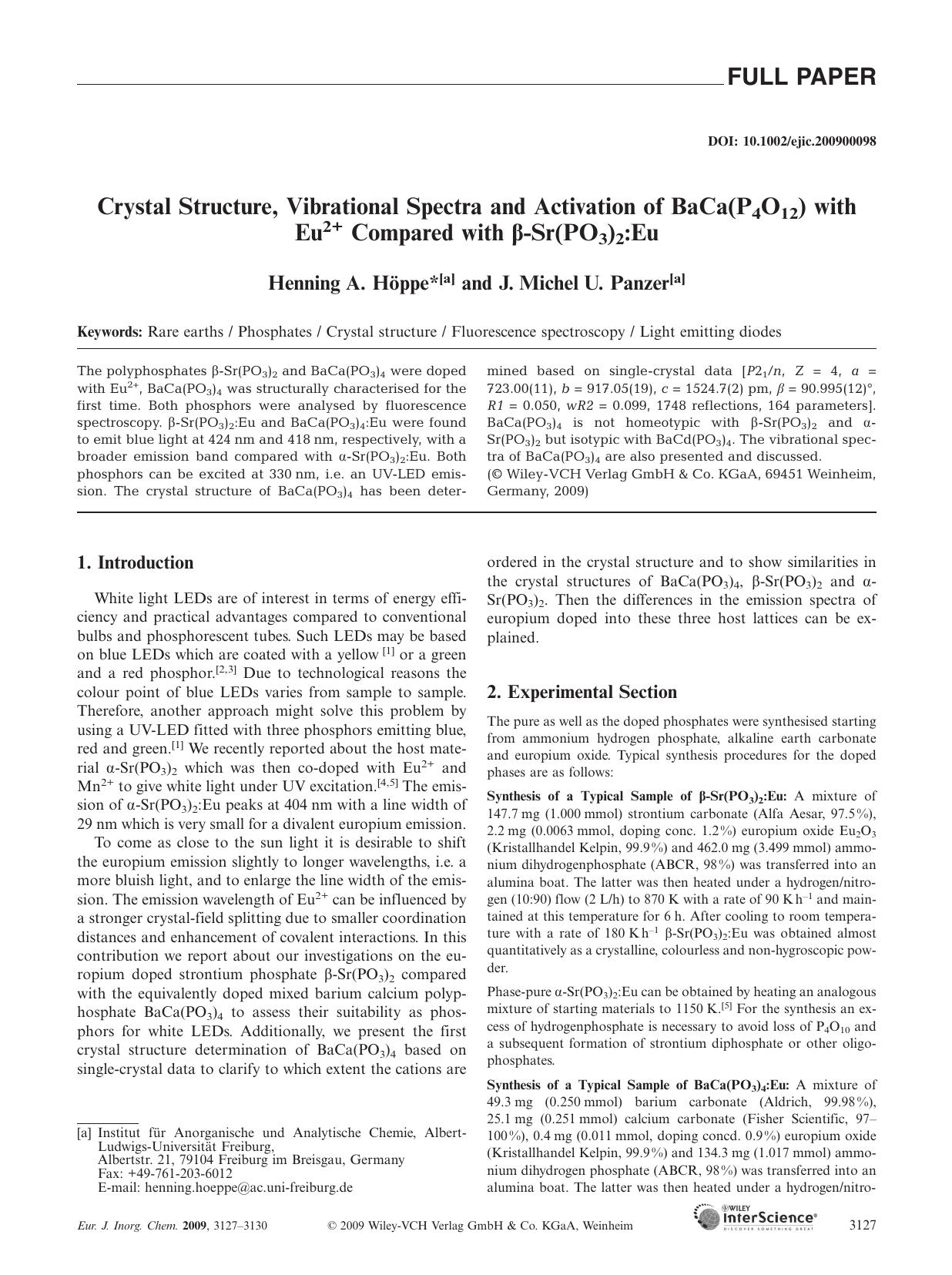 Crystal Structure, Vibrational Spectra and Activation of BaCa(P4O12) with Eu2+ Compared with [beta]-Sr(PO3)2:Eu by Unknown