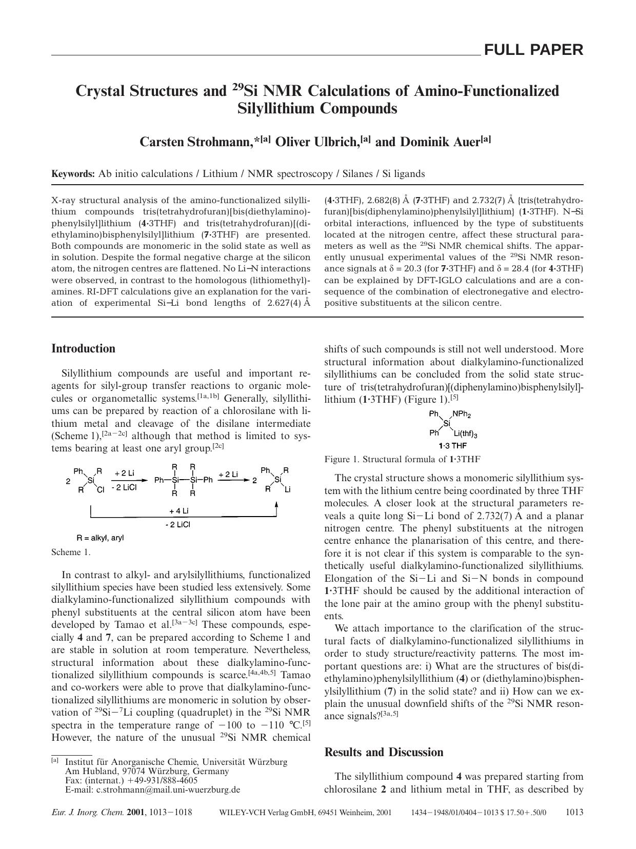 Crystal Structures and 29Si NMR Calculations of Amino-Functionalized Silyllithium Compounds by Unknown