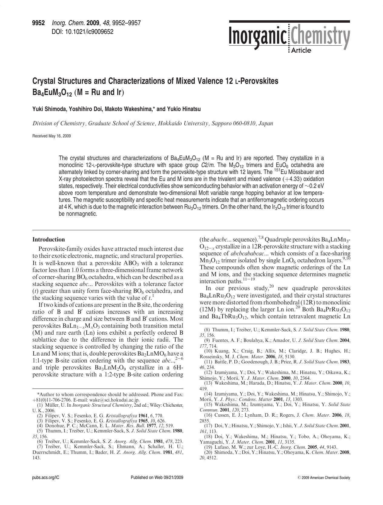 Crystal Structures and Characterizations of Mixed Valence 12 l-Perovskites Ba4EuM3O12 (M = Ru and Ir) by unknow