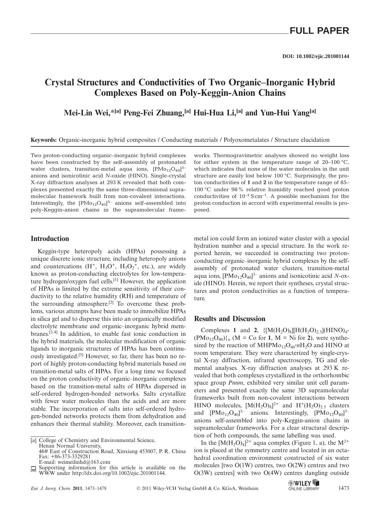 Crystal Structures and Conductivities of Two OrganicInorganic Hybrid Complexes Based on PolyKegginAnion Chains by Unknown