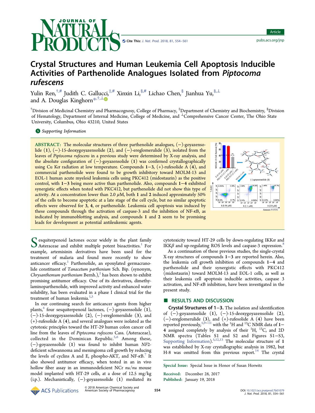 Crystal Structures and Human Leukemia Cell Apoptosis Inducible Activities of Parthenolide Analogues Isolated from Piptocoma rufescens by Yulin Ren Judith C. Gallucci Xinxin Li Lichao Chen Jianhua Yu & A. Douglas Kinghorn
