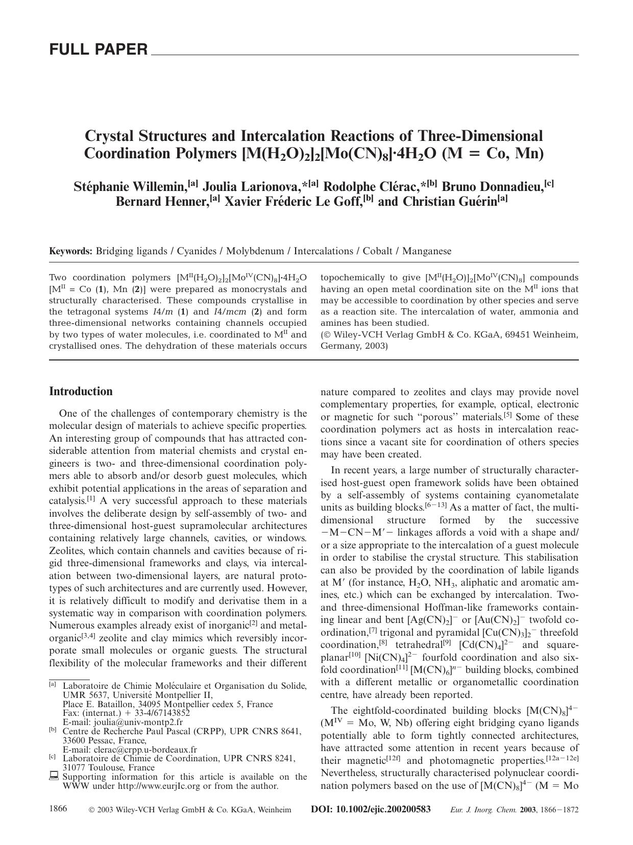 Crystal Structures and Intercalation Reactions of Three-Dimensional Coordination Polymers [M(H2O)2]2[Mo(CN)8]Â·4H2O (M = Co, Mn) by Unknown