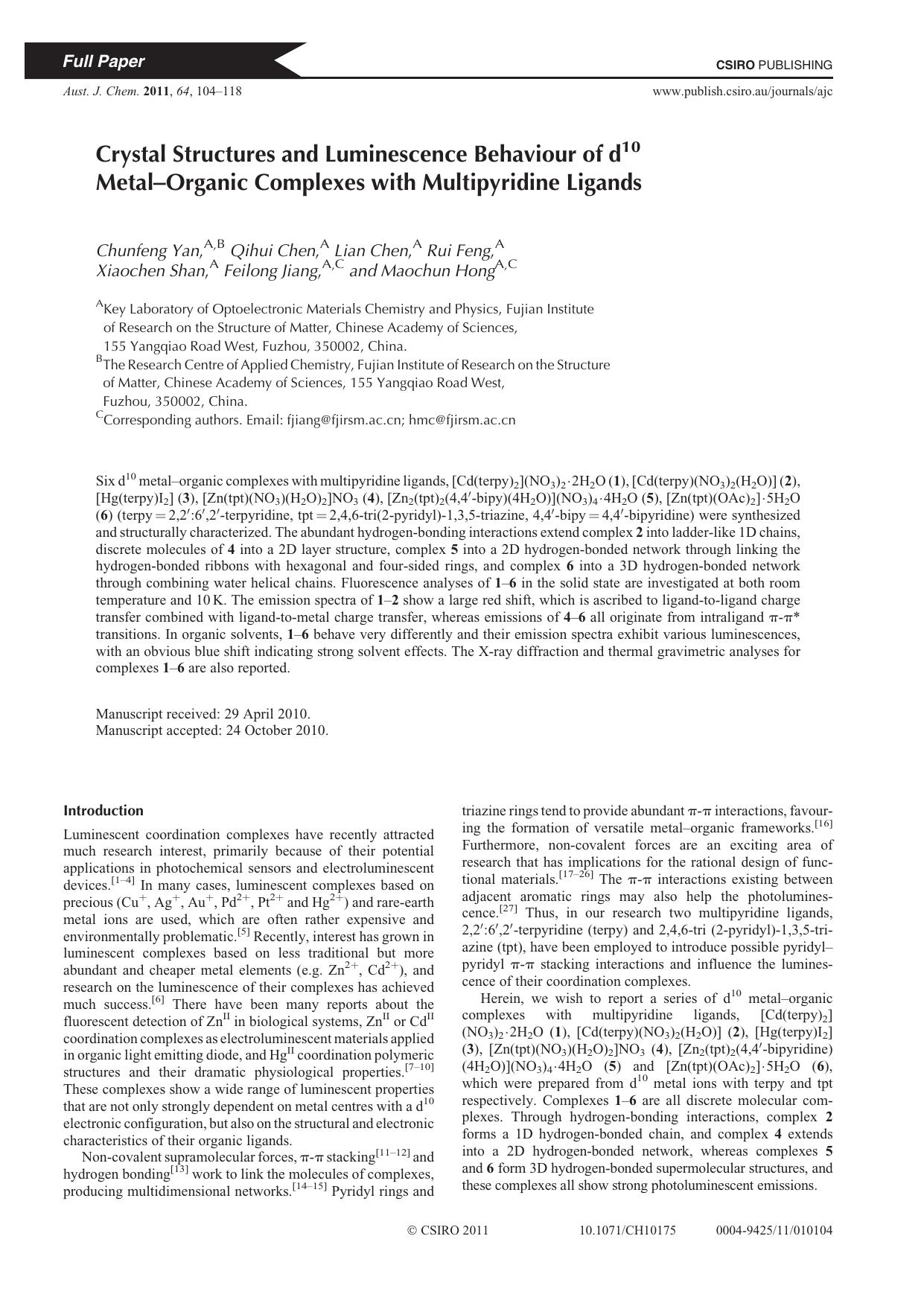 Crystal Structures and Luminescence Behaviour of d10 Metal-Organic Complexes with Multipyridine Ligands by C. Yan et al